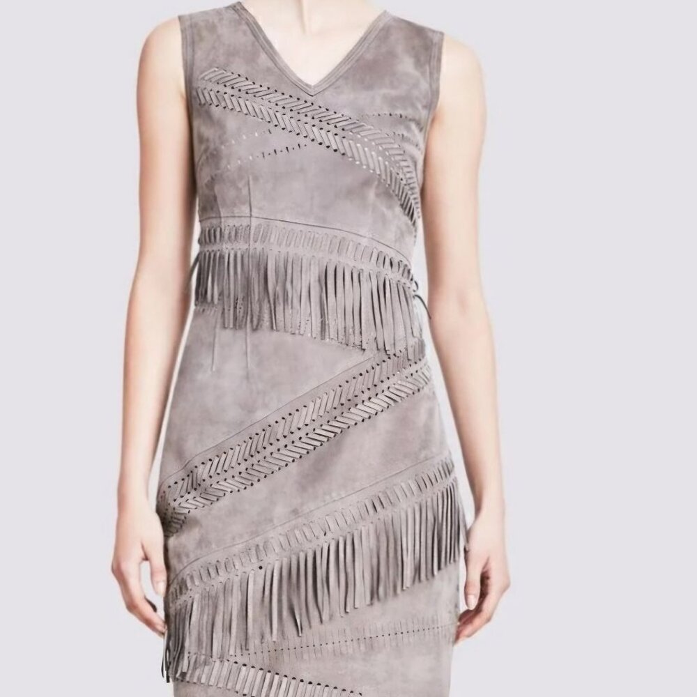 Elie Tahari Lamb Suede Fringe Dress